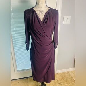 Joseph Ribkoff Plum Purple Ruched Wrap Gold Buckle Logo Plate V-Neck Dress 12